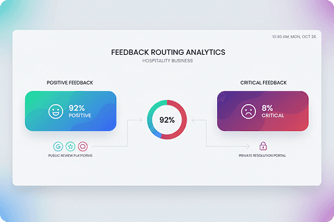 Feedback routing analytics: 92% of feedback is positive and goes to public review platforms, 8% is critical and goes to a private resolution portal